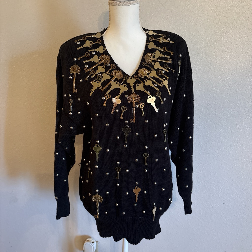 Black Sweater With Gold Key Design Vintage 80s